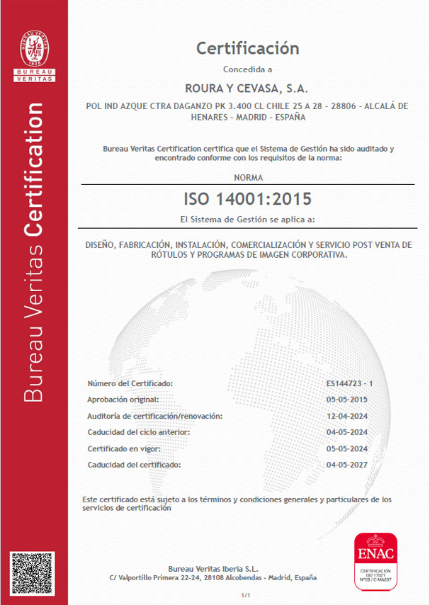 Certificado de cumplimiento ISO 14001:2015