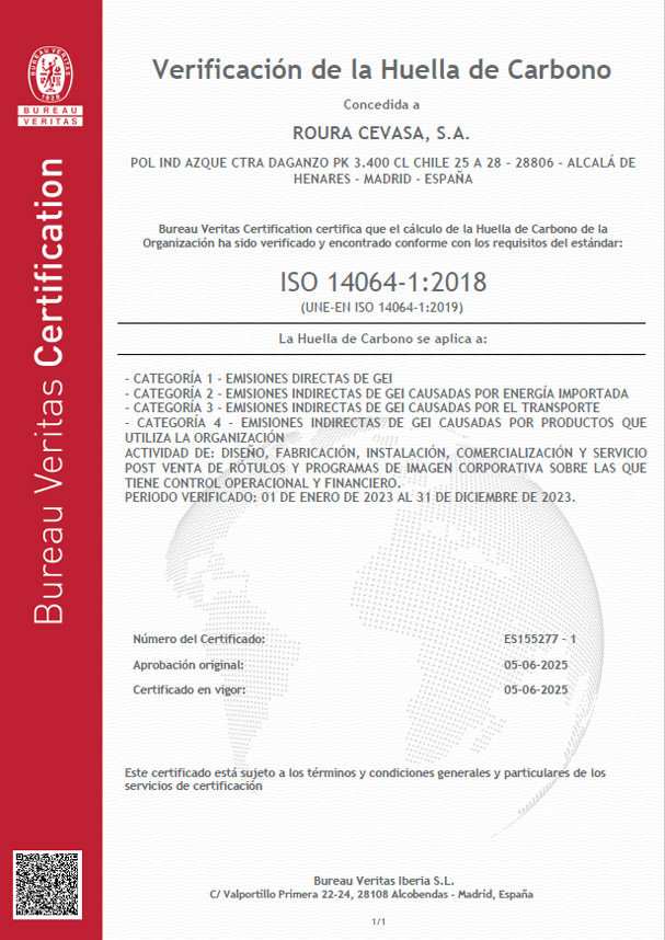 Certificado de Verificación de la Huella de Carbono ISO 14064:2018
