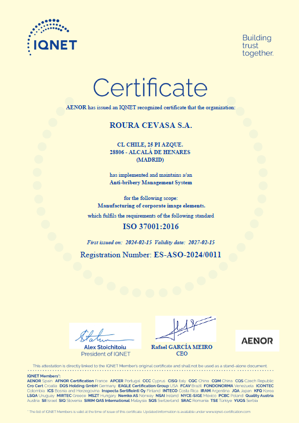 Certificado gestión Antisoborno ISO 37001:2016